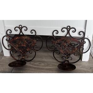 Pair Rustic Scrolled Wrought Iron Wall Sconce Pillar Candle Holder Home Decor